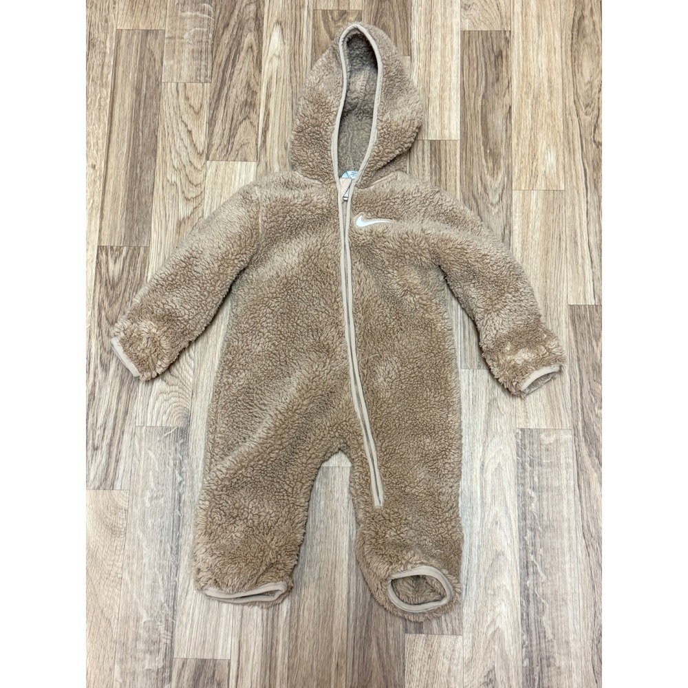 Nike Baby Sherpa Fleece Hooded Coverall Khaki Tan 6M Full Zip Bunting